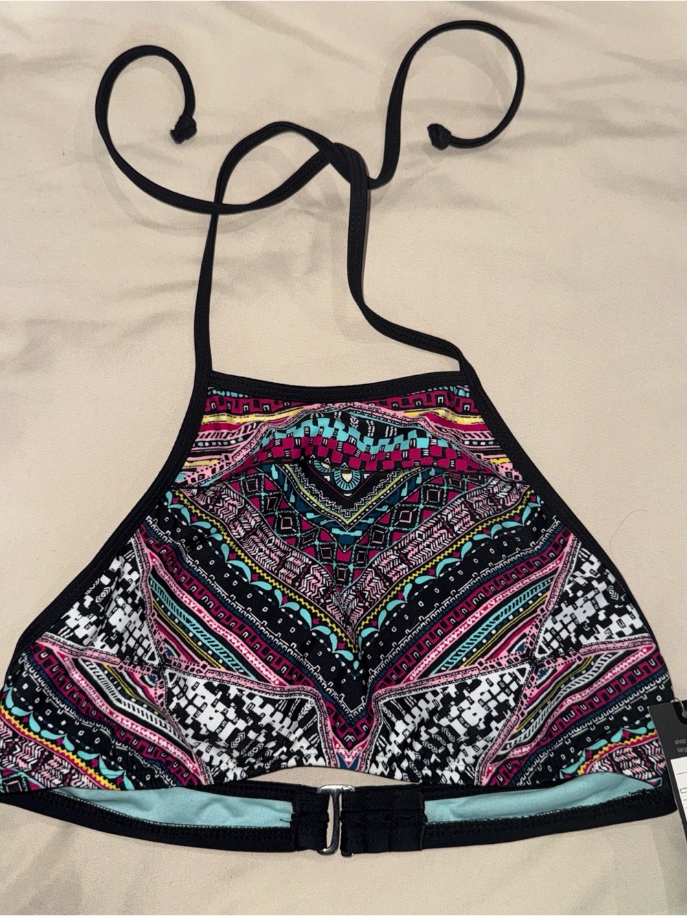NWT High-Neck Bikini Top in Black with Multicolor Print